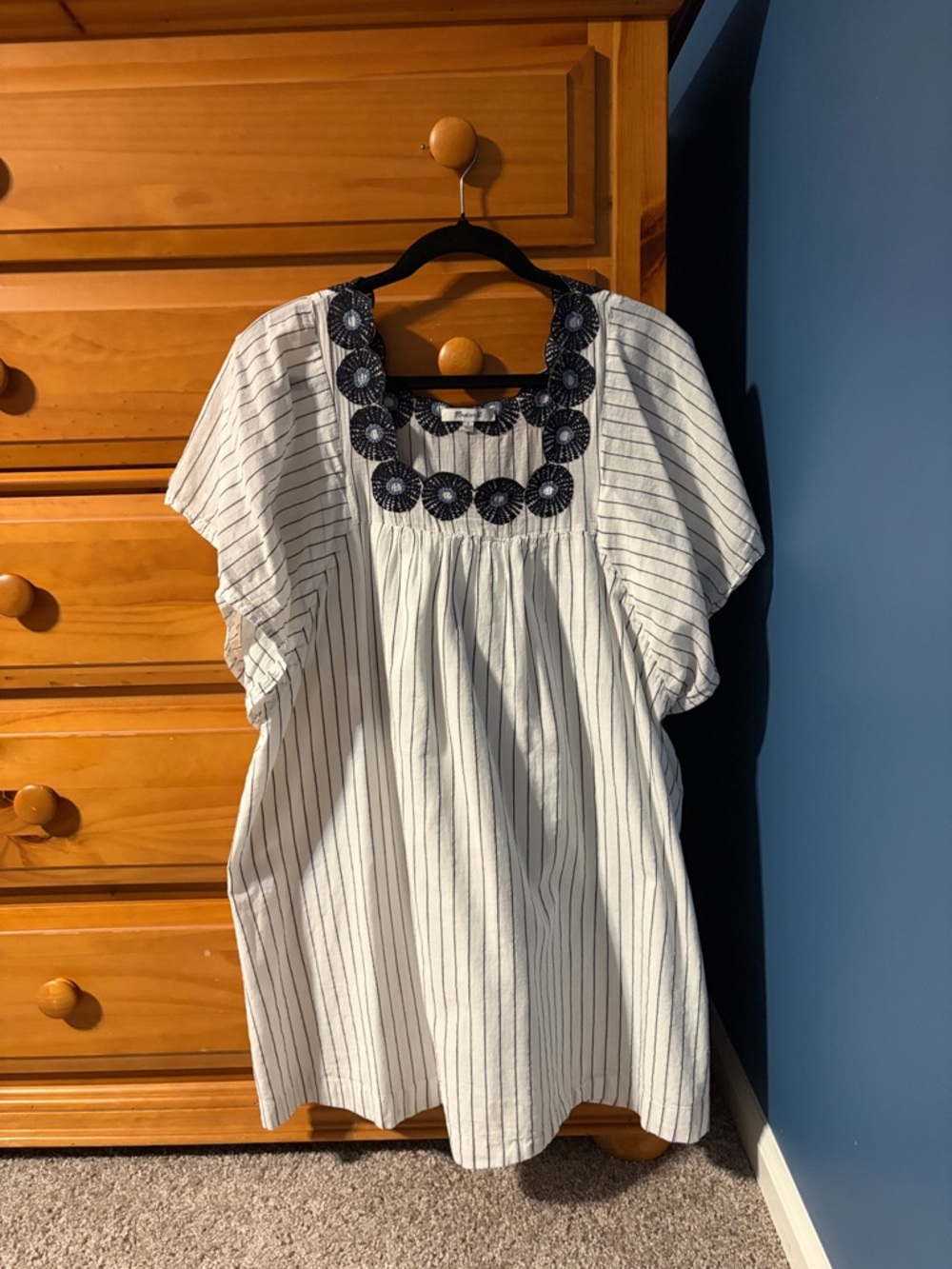 Madewell White Striped Mini Dress with Navy Crochet Square Neck